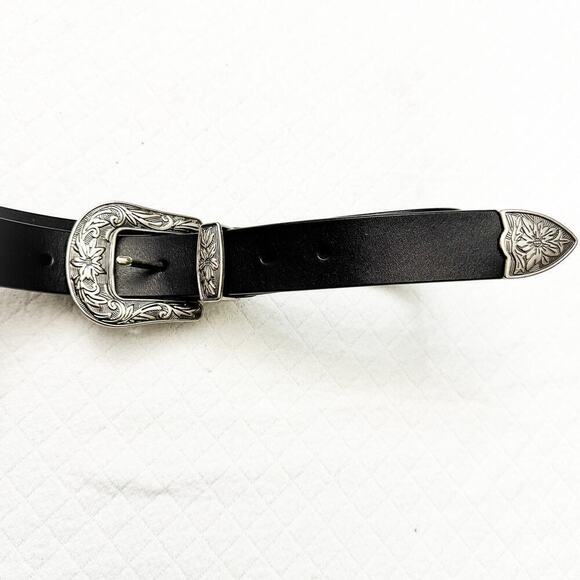 Black Faux Leather Western Double Buckle Belt Silver Accents Cowboy Size M/L - Picture 3 of 4